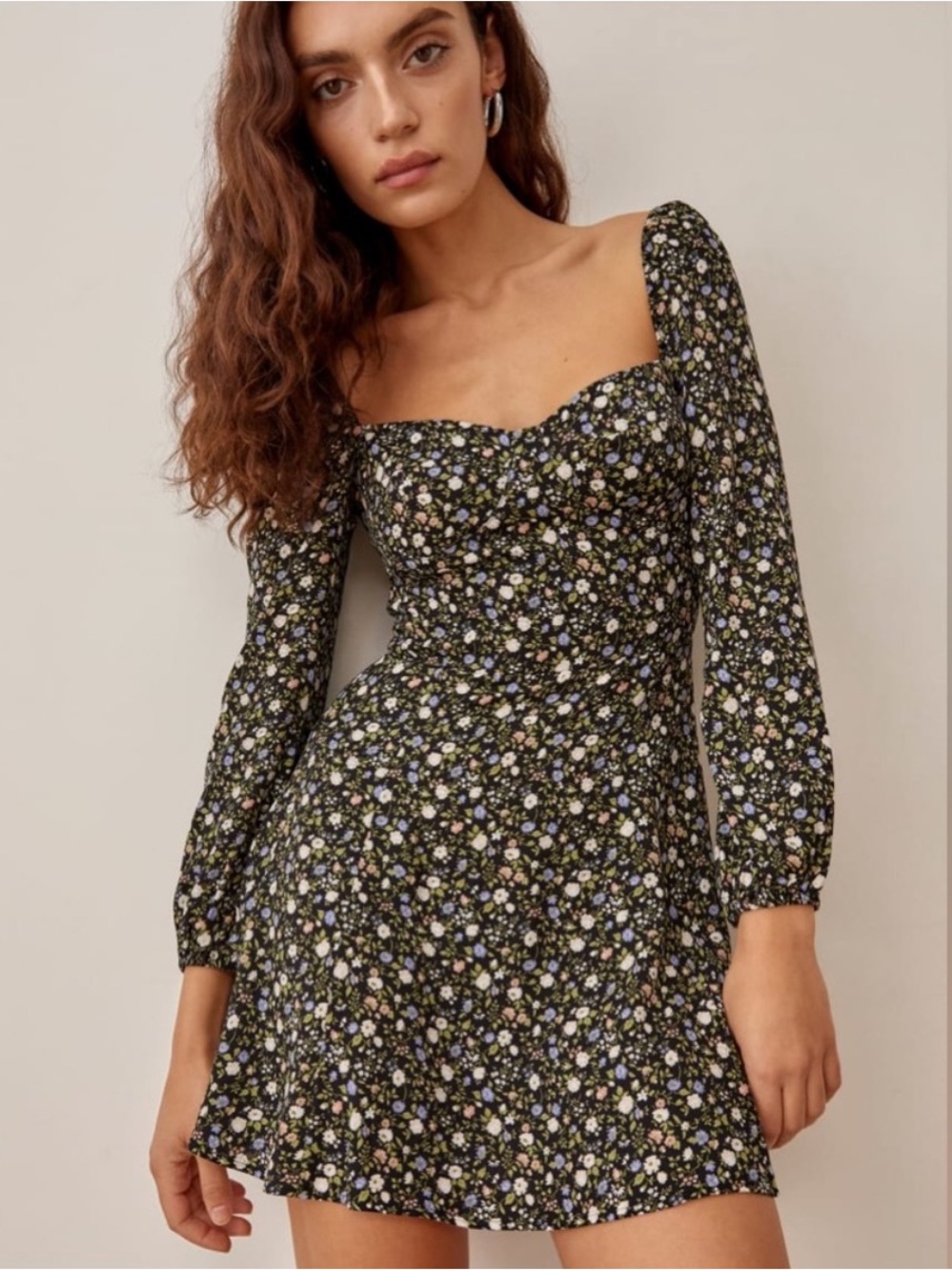 Reformation Black Sweetheart Long-Sleeve Mini Dress Mochi Ditsy Floral